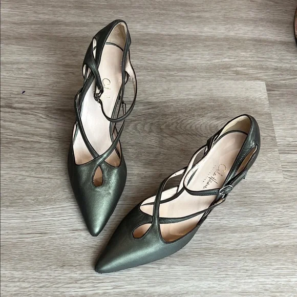 Cole Haan Collection Pointed Toe Strappy Pumps in Metallic Olive Green Leather - Picture 14 of 16